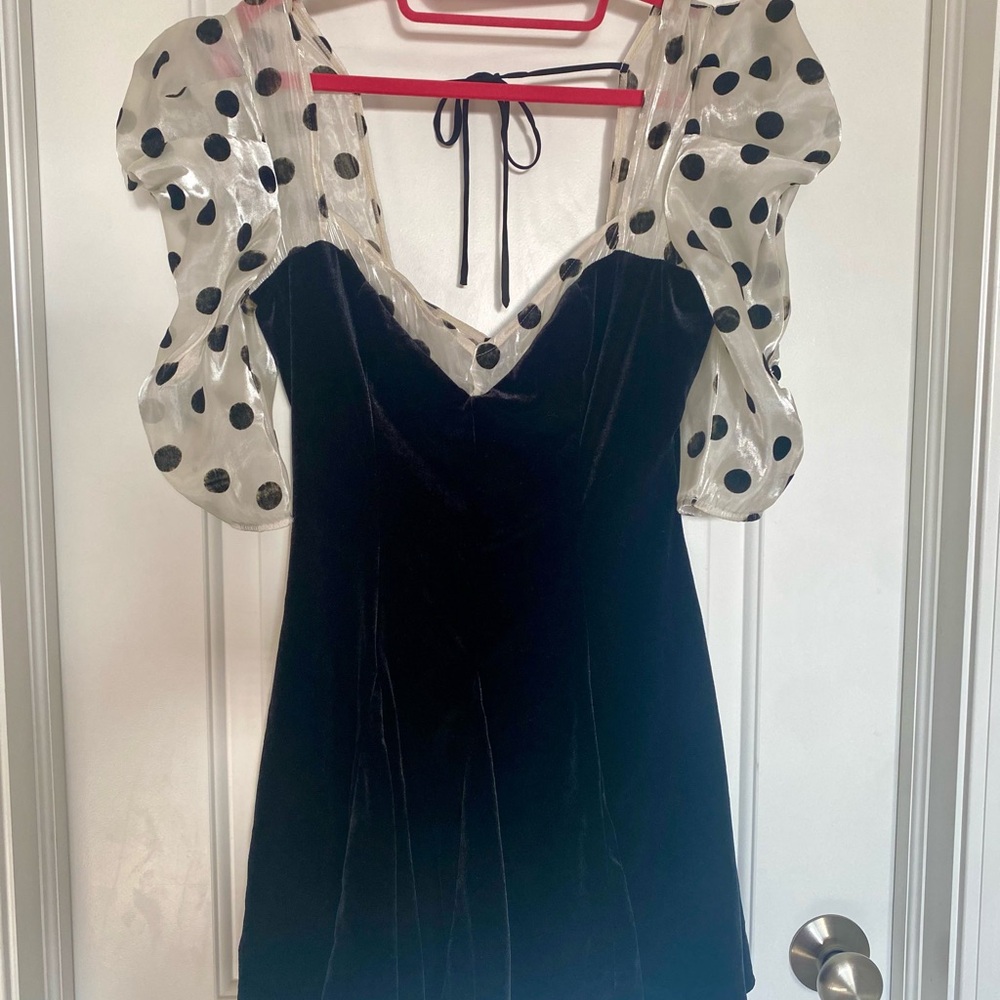 For Love And Lemons Black Velvet Mini Dress with Polka Dot Sleeves - Picture 3 of 8